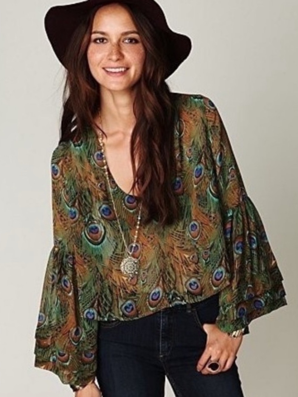 Show Me Your MuMu Peacock Feather Shirt Sheer Tiered Bell Sleeve Womens S-M